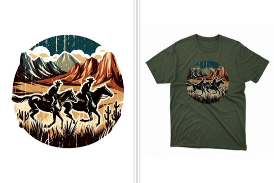 riding horses through a mountainous landscape t-shirt design print, western graphic design tee