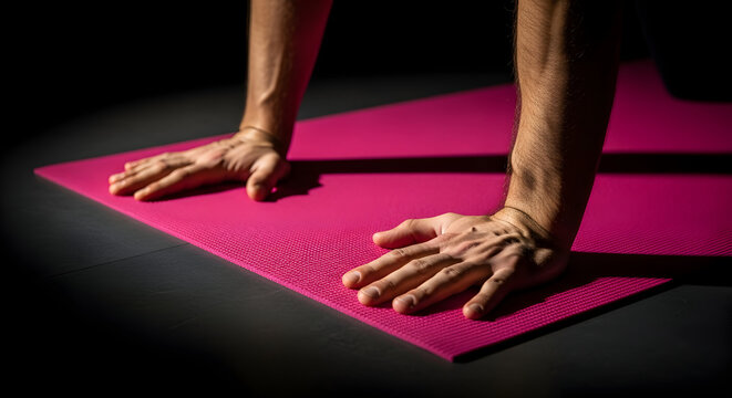 Focused Hands Engaged in a Push-Up Exercise on a Vibrant Pink Yoga Mat in a Dimly Lit Home Gym Environment