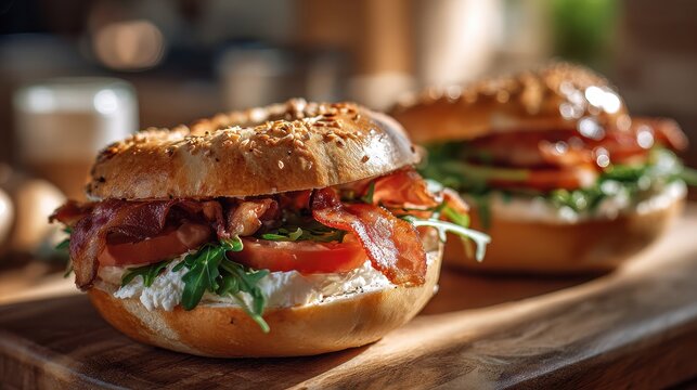 Fresh bagel sandwiches with cream cheese, bacon, tomato and arugula on a rustic wooden table