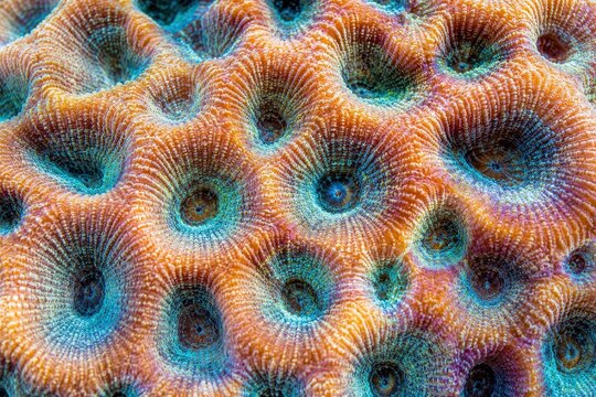 Close-up view of a vibrant brain coral, showcasing intricate patterns and colors