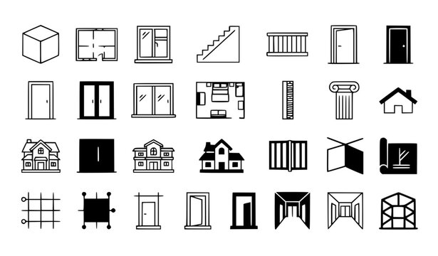 Geometry Floor Plan Window Stairs Balcony Door Outline and Solid Icons Vector Collection