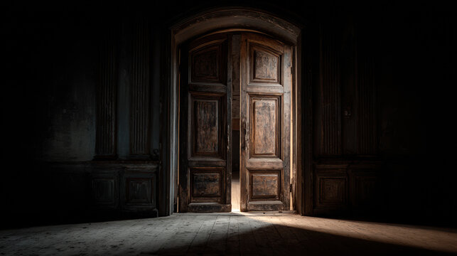 Open Wooden Door Ancient Arch Light Mystery Vintage Dark Entrance Doorway Castle Medieval Concept