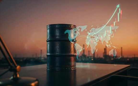Oil barrel with a glowing holographic world map for global energy trade and international petroleum logistics concept
