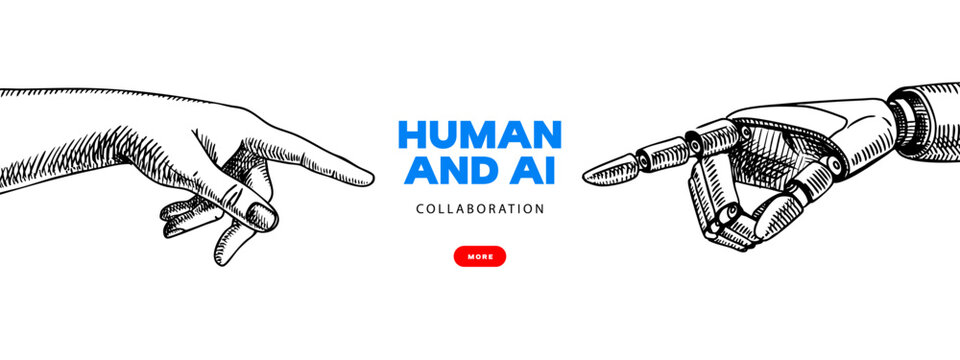 Modern collage of sketch halftone human hand touching robots hand. Fight between human and artificial intelligence. Vector hand drawn isolated illustration