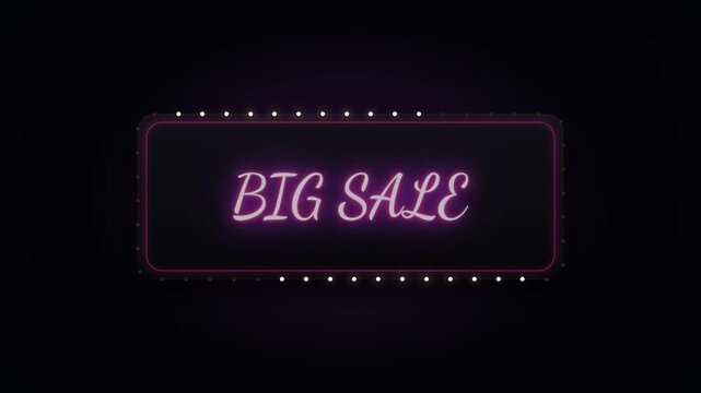 Big Sale neon sign light box on dark background seamless animation. Retail shopping promotion glowing pink neon Big Sale billboard