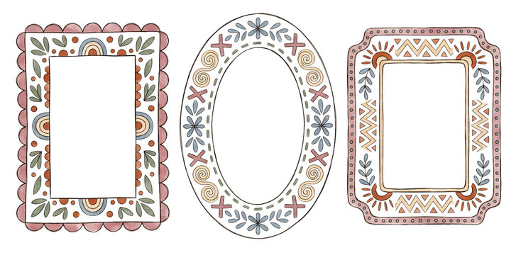 Boho hand drawn rectangular and oval frames with folk motifs.