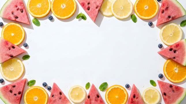 Fresh citrus fruit arrangement forming a vibrant top border on a clean background.