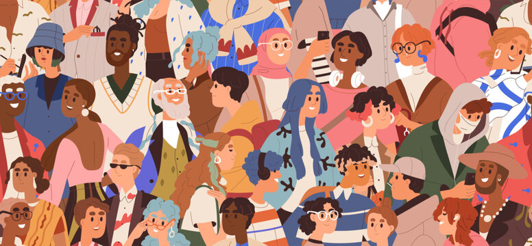 People crowd, seamless pattern, endless background design. Diverse characters, repeating print. Many different men, women, urban printable texture. Flat vector illustration for textile, wrapping