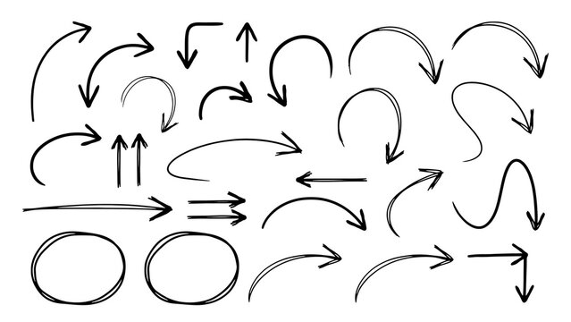 Collection of hand-drawn ink arrows and circles for sketches with sketches