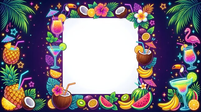 Bright neon-style tropical floral border with glowing colors and exotic summer vibes.
