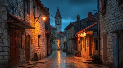 Fototapeta premium Cobbled lane at night in a historic Balkan town with glowing shopfronts and quiet mood