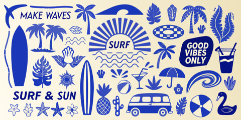Collection Of Blue Surf themed Silhouettes And Icons On A Beige Background beach © Liton