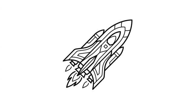 Stylized rocket ship illustration with flames blasting from engines.