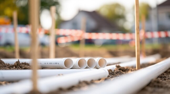 White PVC pipes on soil with wooden stakes and warning tape at construction site