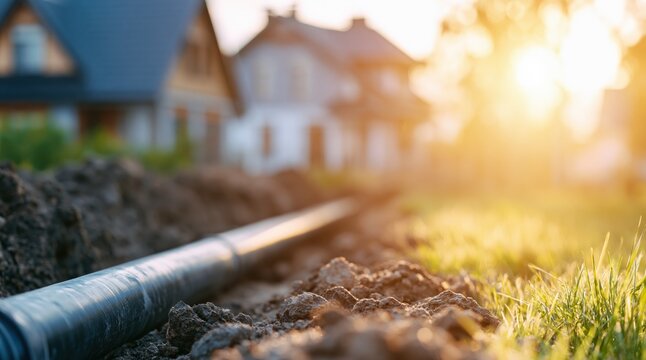 Black plastic pipe in ground trench during residential utility installation at sunset