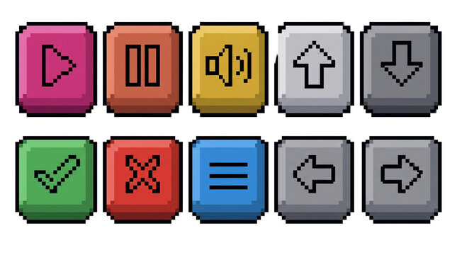 Colorful square ui buttons collection for digital game design.
