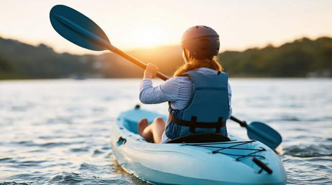 Back view of woman paddling blue kayak on calm lake at sunset