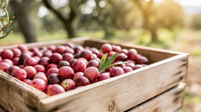 Freshly harvested red olives in wooden crate in sunlit orchard