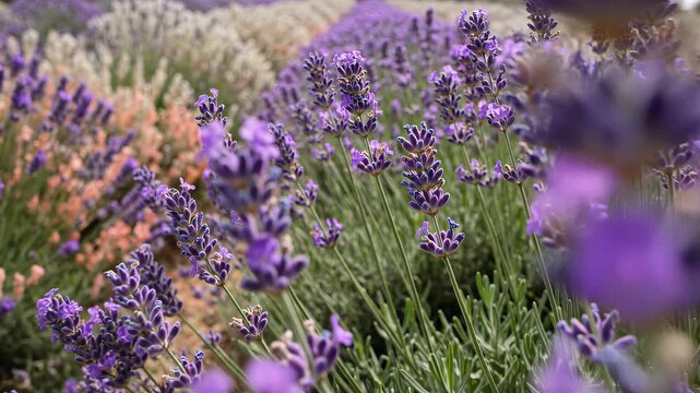 Lavender flowers bloom and sway in gentle breeze at farm. Bright sunny day with colorful flowers in background. Concept of agriculture, horticulture, wellness