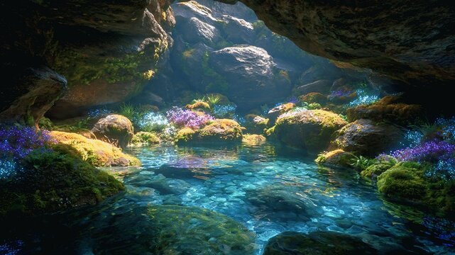 Enchanted Cave Pool with Crystal Clear Water Blooming Flowers and Sunlight Beams