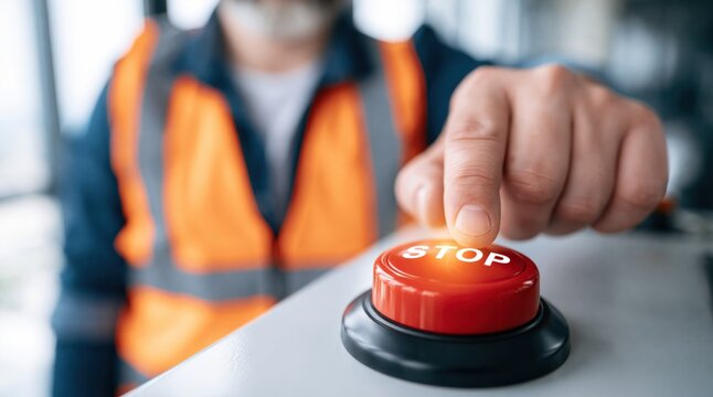 Worker hand pressing large red emergency stop button on industrial equipment
