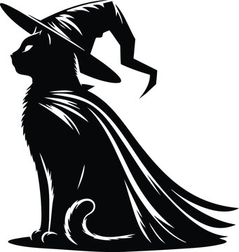 A spooky black cat witch illustration wearing a pointed hat and flowing cape on white background