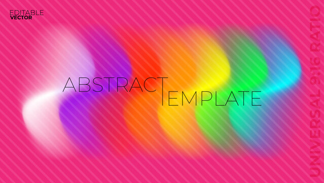 Editable vector 16:9 abstract template with vibrant neon magenta background, blurry rainbow gradient wave, and diagonal scanline texture for presentation banner or video backdrop