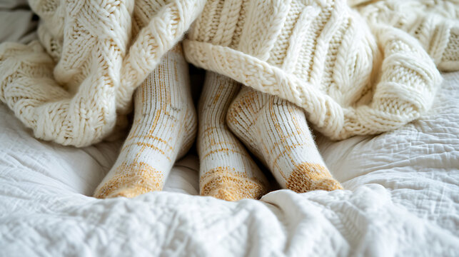 Female legs in warm woolen socks on bed