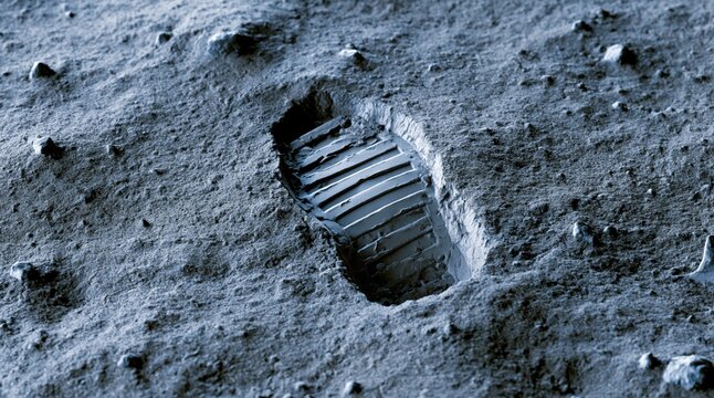 Close up of astronaut boot print on lunar surface regolith