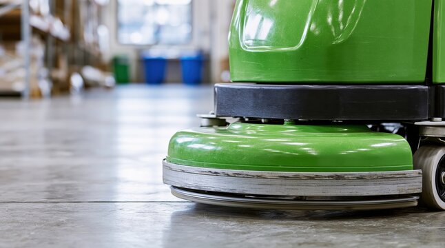 Industrial floor scrubber cleaning polished concrete floor in warehouse