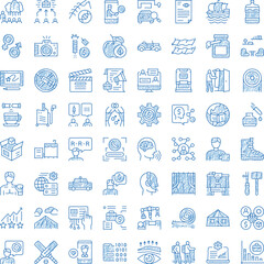 Fototapeta premium Set of hand drawn blue doodle icons depicting a diverse range of concepts including business strategies, technology, sports activities, human resources, medicine, and everyday lifestyle elements