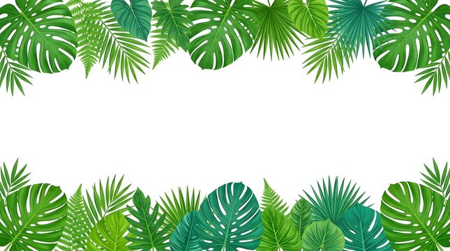 Green tropical leaves forming a frame on white background with copy space.