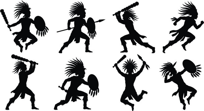 Aztec warrior black silhouette vector set in battle and combat poses