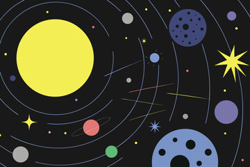 Retro style vector illustration of planets stars and celestial bodies on a dark background © Asadul