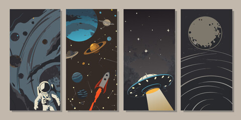 Retro Space Scenes Featuring Astronauts Planets Rockets And Ufos Vector Illustration astronaut exploration © Asadul