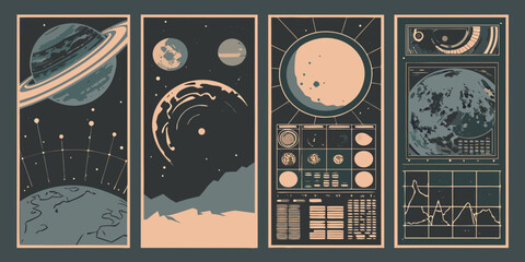Planetary System Vector Illustrations With Celestial Bodies And Data Display Panels Dark Background © Asadul
