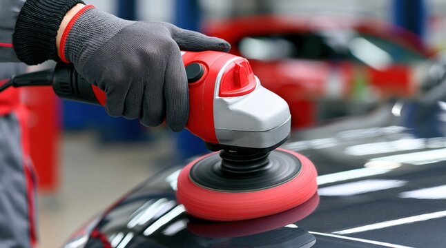 Mechanic hand polishing black car hood with electric buffer machine in workshop