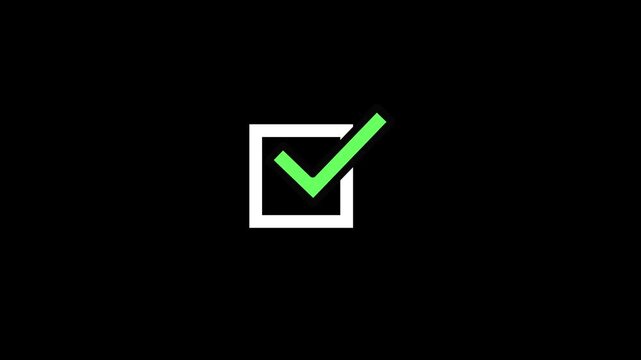 Animated checkmark icons appearing sequentially on alpha channelwith appearing rapid succession succession inside square glowing green checkmark