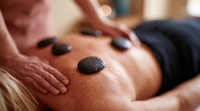Therapist hands applying hot basalt stones on back of woman in spa