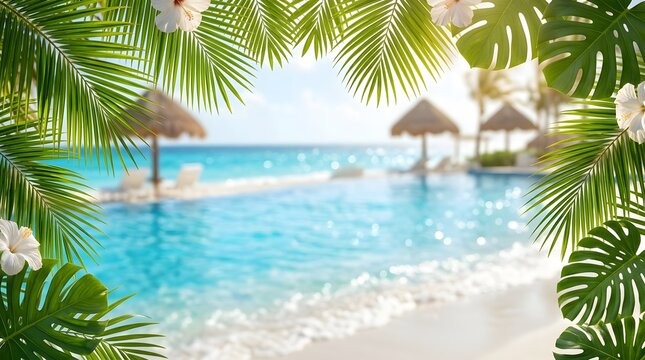 Luxury tropical pool with turquoise water and overwater bungalow resort.