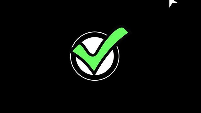 Green checkmark animation transitioning from circle to filled symbol with emphasizing approval confirmation dark background emphasizing sleek animated alpha channel