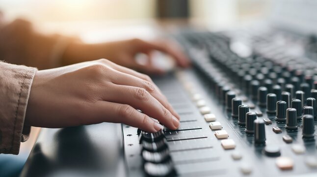 Hand adjusting fader on audio mixing console in music studio
