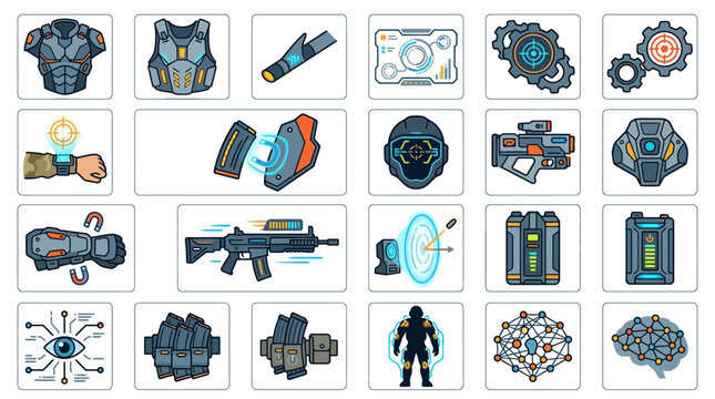 Futuristic Sci Fi Combat Gear and Advanced Weaponry Icon Set.