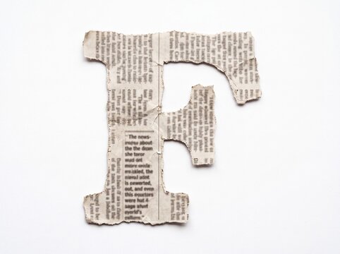 Gro&szlig;er Buchstabe F als Collage aus gerissenem Zeitungspapier freigestellt auf wei&szlig;em Hintergrund