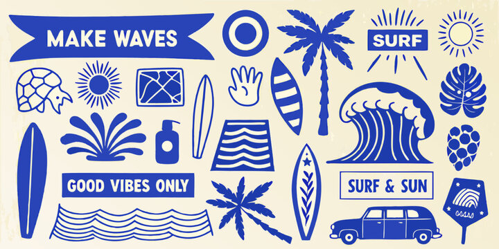 Collection Of Blue Surf themed Icons And Illustrations On A Light Background surfboard