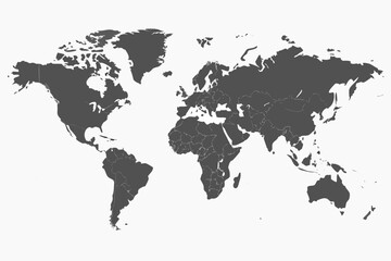 Dark gray world map silhouette against a white background depicting continents and country borders © Asadul