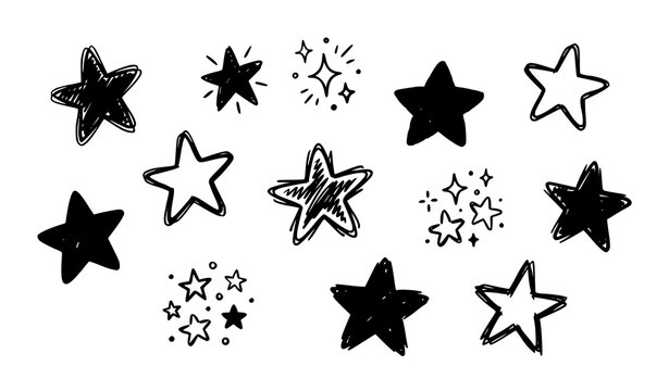 Hand drawn doodle star vector icons pack with cute sketchy celestial illustration symbols