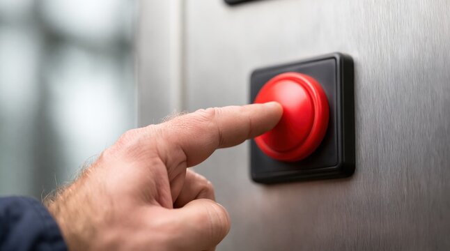 Man finger pressing red emergency button on metallic panel