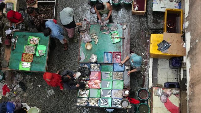 A bustling fish market comes alive during the early morning hours, where vendors and buyers engage in the daily trade of fresh seafood and fish. Operating from around midnight until 7am