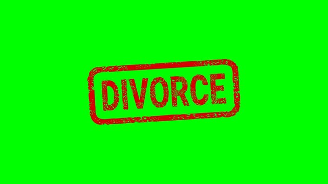 Marital separation, legal dissolution, and breakup concept represented by a red divorce rubber stamp. Chroma key green screen with alpha channel.